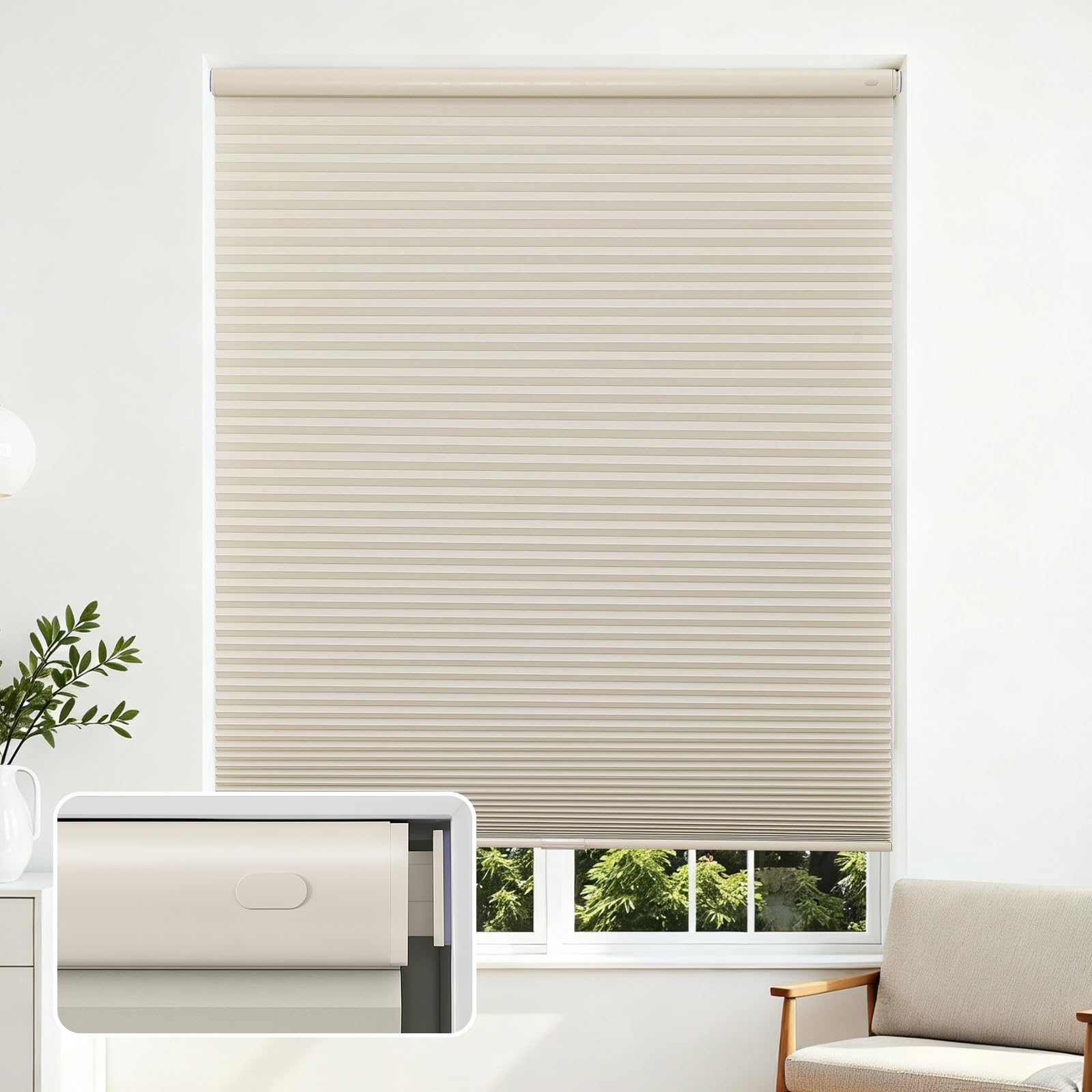 Joydeco No Tools No Drill Cordless Cellular Shades, Light Filtering Honeycomb Blinds for Indoor Windows, Thermal Insulating & Noise Reducing (Beige, 32" W x 64" H)