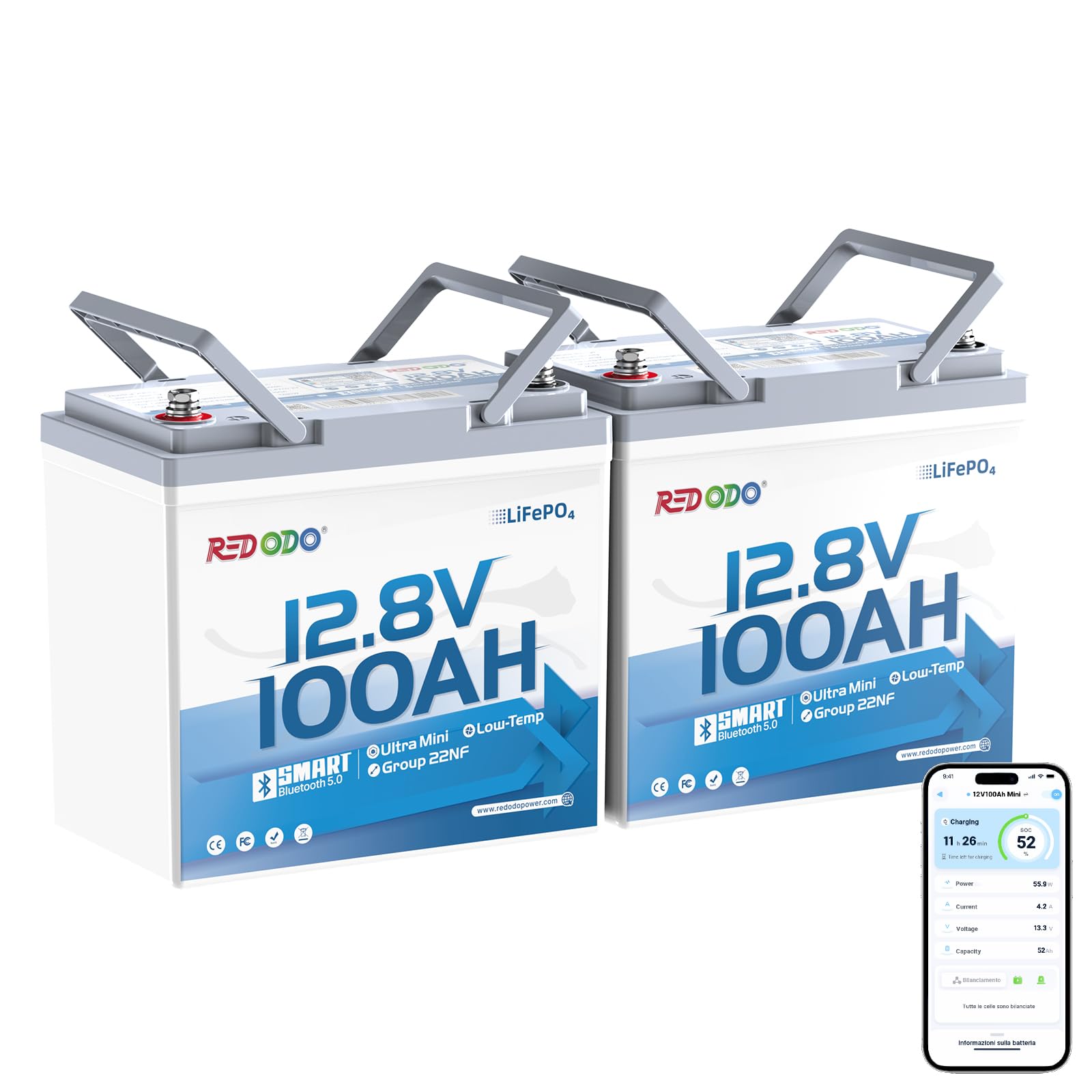 Redodo 12V 100Ah Group 22NF LiFePO4 Battery for RV &amp; Off-Grid -2 Pack