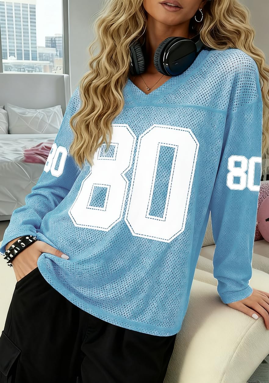 Jersey Shirts for Women Number Graphic V Neck Pullover Y2k Oversized Sports Shirt Autumn Casual Long Sleeve Tee Tops - Image 4
