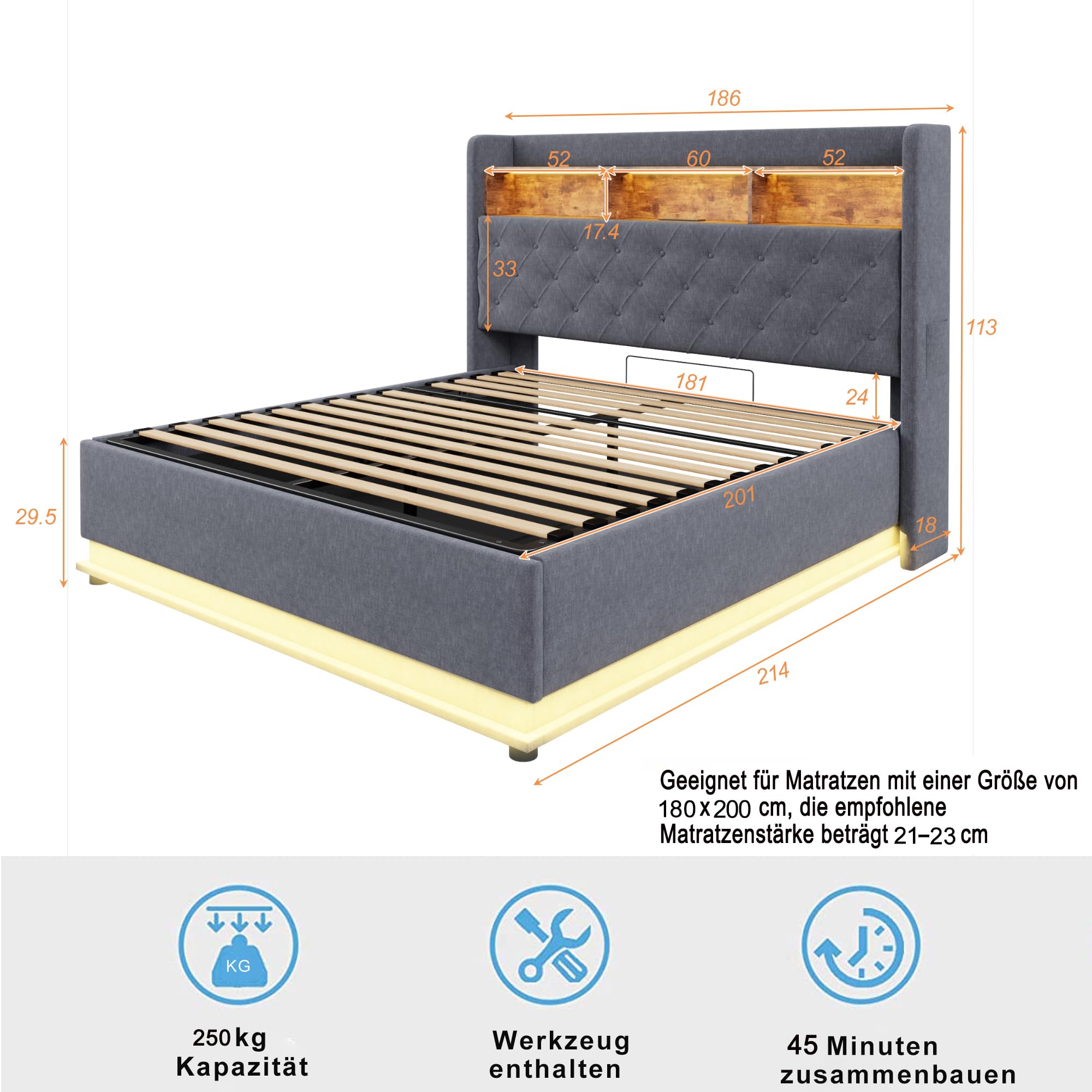 Kebnor - Letto imbottito con LED, letto imbottito con spazio di archiviazione e presa USB e spazio di archiviazione idraulico, tessuto di lino amichevole per la pelle (grigio, 180 x 200 cm)