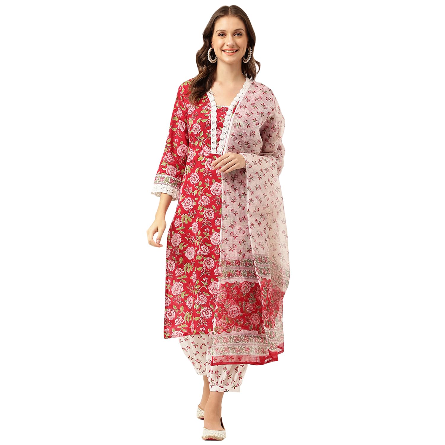 Floral Handblock Cotton Kurta Salwar with Dupatta Set-image-2
