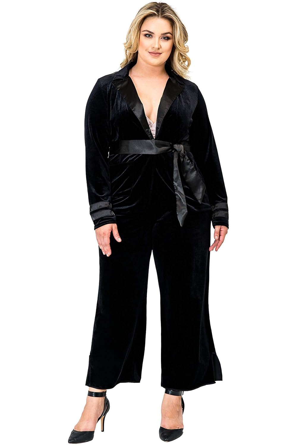 Standards Practices Plus Size Women Black Velvet Crop Split Hem Wide Leg Pants