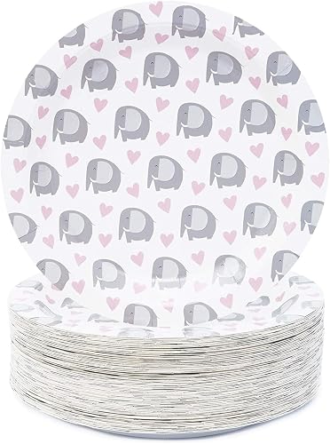 Sparkle and Bash Elephant Plates - 9-Inch Pink, 80-Pack - Paper Party Plates for Baby Shower, Dessert & Dinner - Elephant-Themed