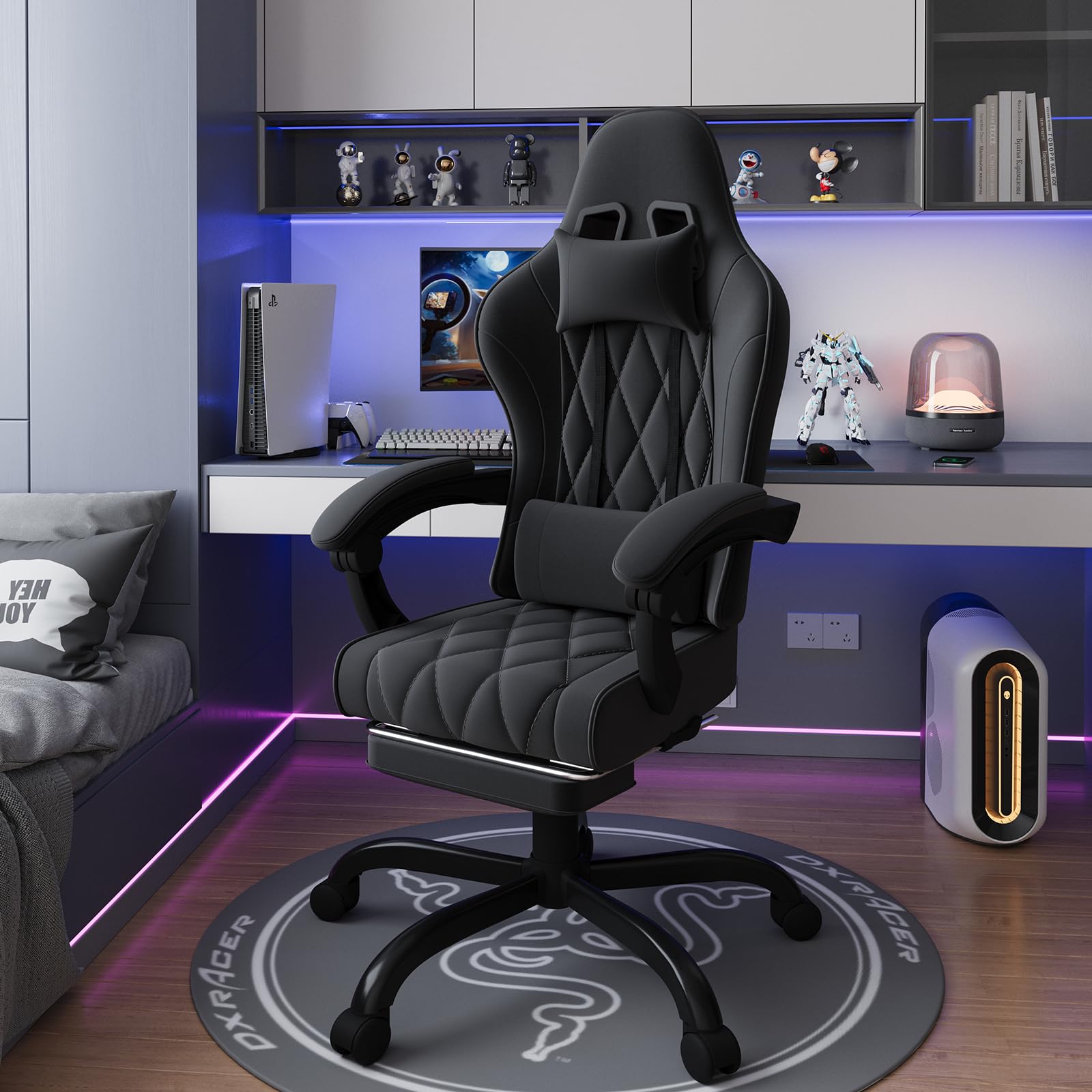 JUMMICO Chaise de Gaming en Tissu avec Repose-Pieds Extensible, Chaise de Bureau Ergonomique avec Massage, Hauteur réglable, Chaise Gamer avec Rembourrage à Ressorts, Capacité de Charge 150KG, Noire