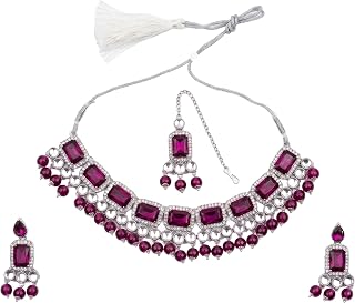 Traditional Silver-Toned Choker Necklace Set with Magenta Pink Stones and Kundan Accents – Includes Matching Earrings and ... Price In India