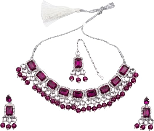 Traditional Silver-Toned Choker Necklace Set with Magenta Pink Stones and Kundan Accents – Includes Matching Earrings and ...