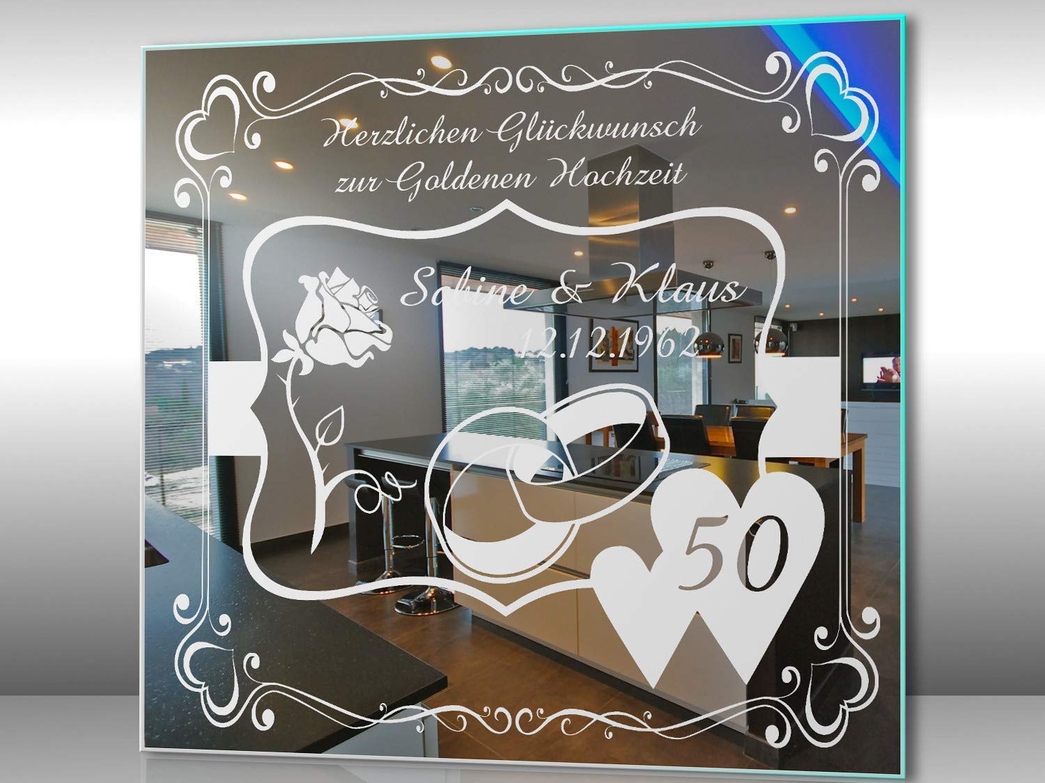Spiegel mit Gravur zur Goldenen Hochzeit 3 ★ Wandbild ★ Hochzeitstag ★ Ehe ★ Hochzeitsgeschenk ★ 50 Jahre ★ personalisiert