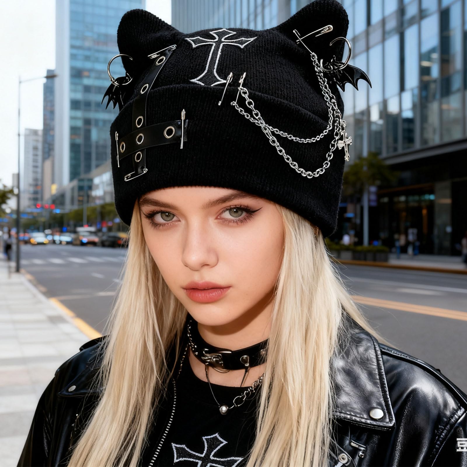 Czapka typu beanie z kocim wzorem, akcesorium do czapki Goth Punk z kocimi uszami dla kobiet, czapka beanie w stylu Y2k Grunge Gothic z dzianiny, czapka damska z łańcuchem, na festiwale