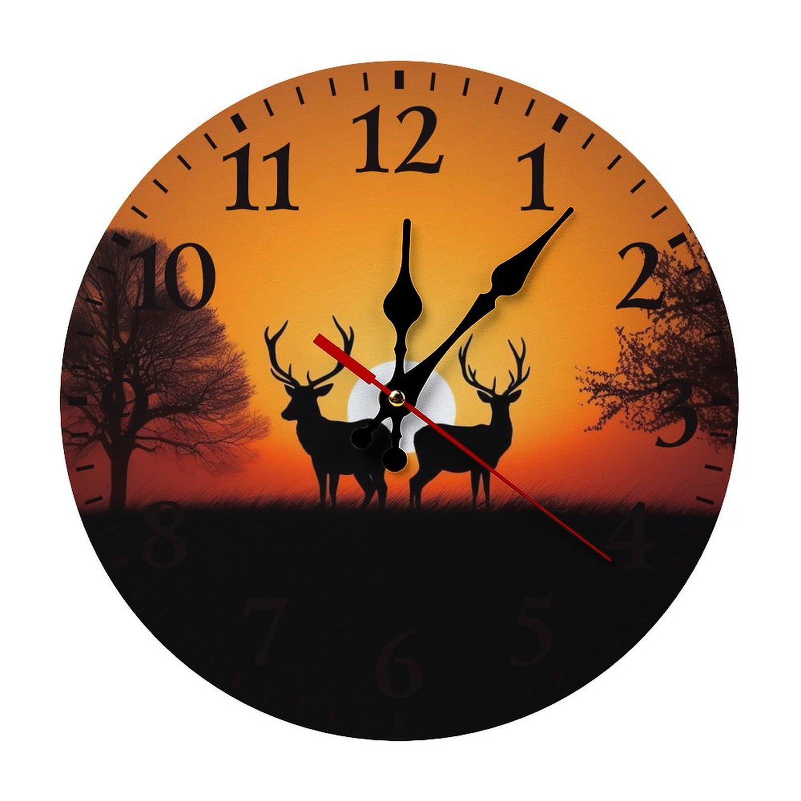 NTVOWPZO 10 Inch Wall Clock Nature Sunset Deer Battery Operated Wall Clocks Silent Non-Ticking Round Wall Clock for Living Room Kitchen Home Office Wall Decorative Clock