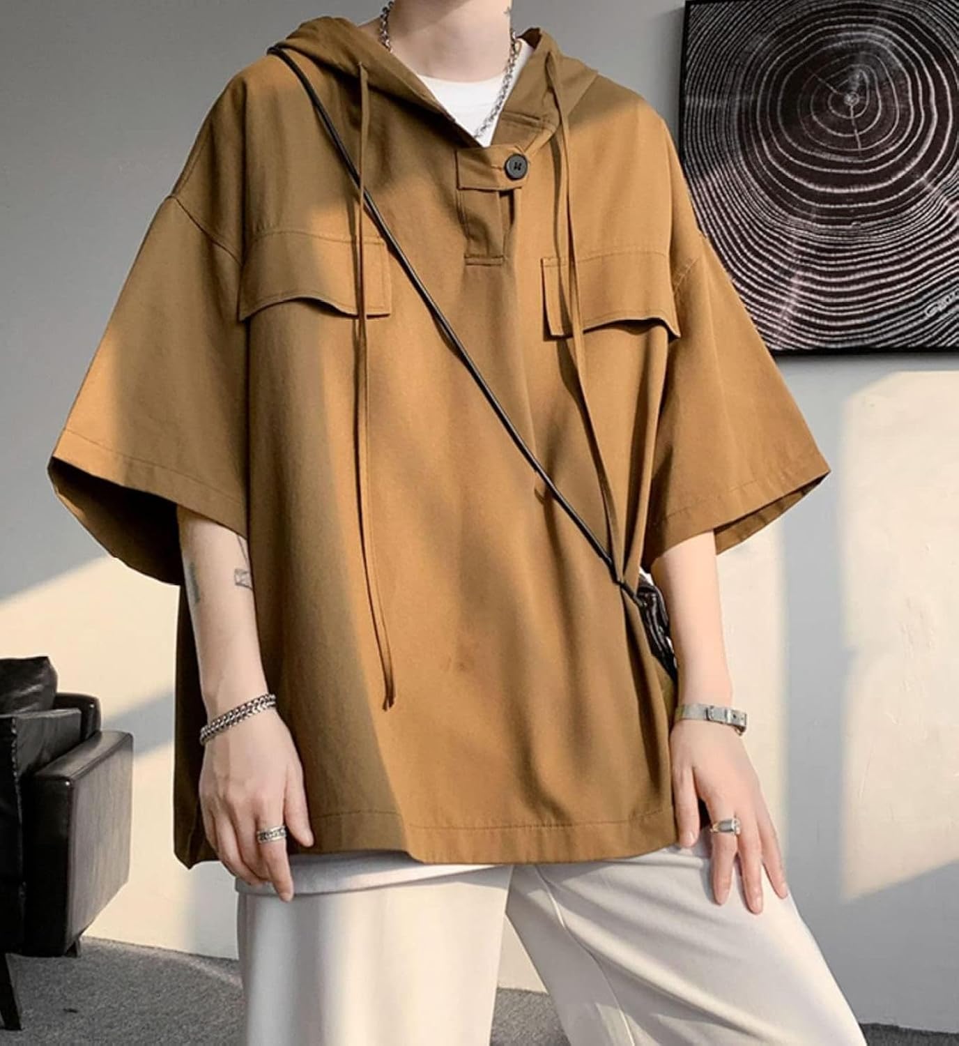 [NOMIMAS] 夏服 パーカー メンズ tシャツ 七分袖 半袖 ビッグシルエット 無地 ゆったり プルオーバー フード付き オー
