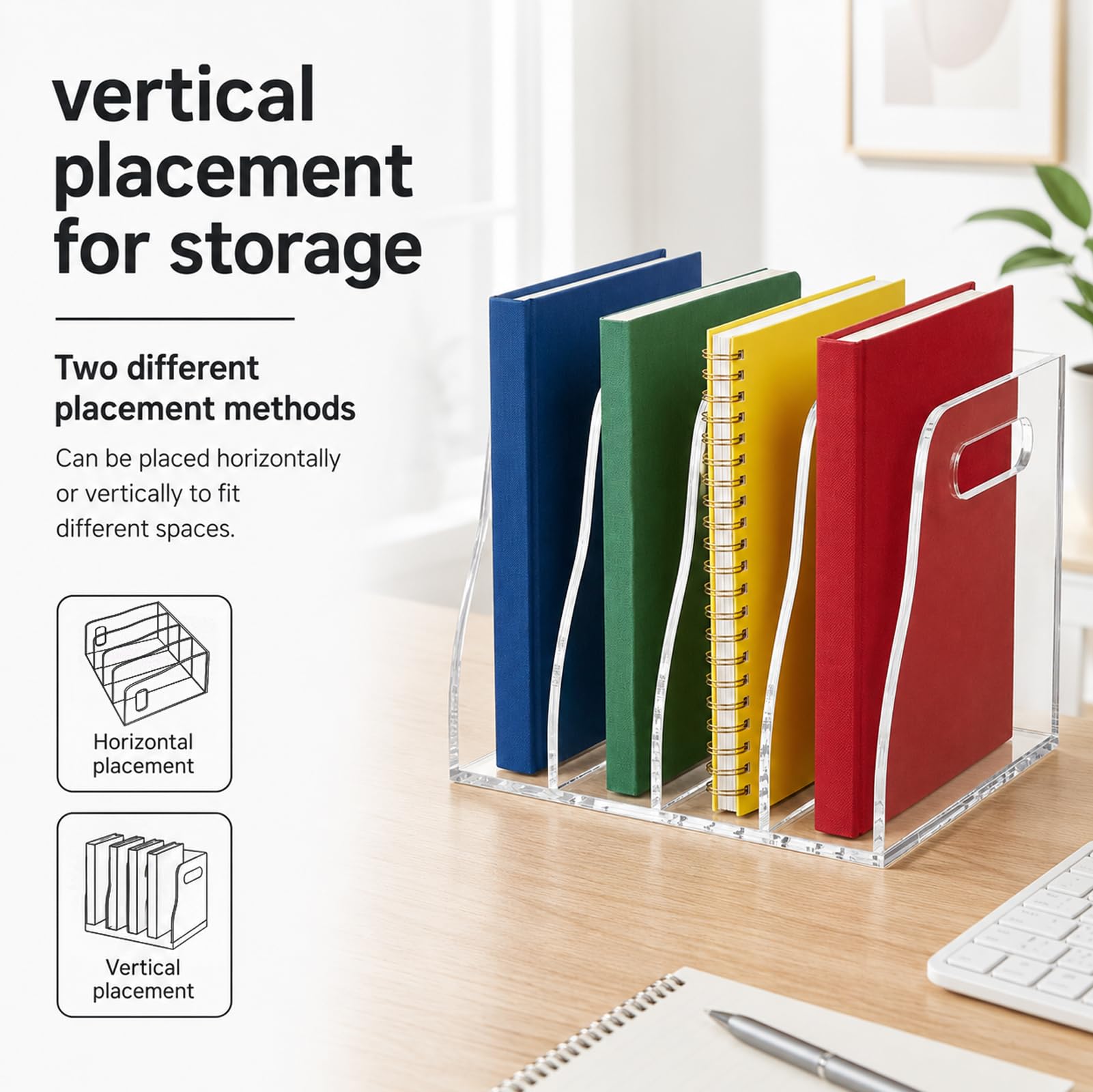 Soporte acrílico para archivos, organizador vertical de 4 compartimentos, organizador de escritorio transparente para el hogar, oficina, escuela, soporte de exhibición de documentos A4, libros