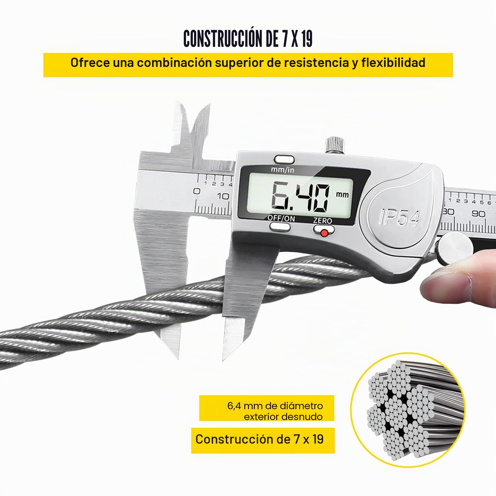 VEVOR Cable de Acero Inoxidable de 6,4 mm x 61 m, Cable Trenzado de Acero Inoxidable 7 x 19 Grado Marino, Resistencia a la Rotura 2900 kg para Barandillas, Guirnaldas de Luces Colgantes, Vallas
