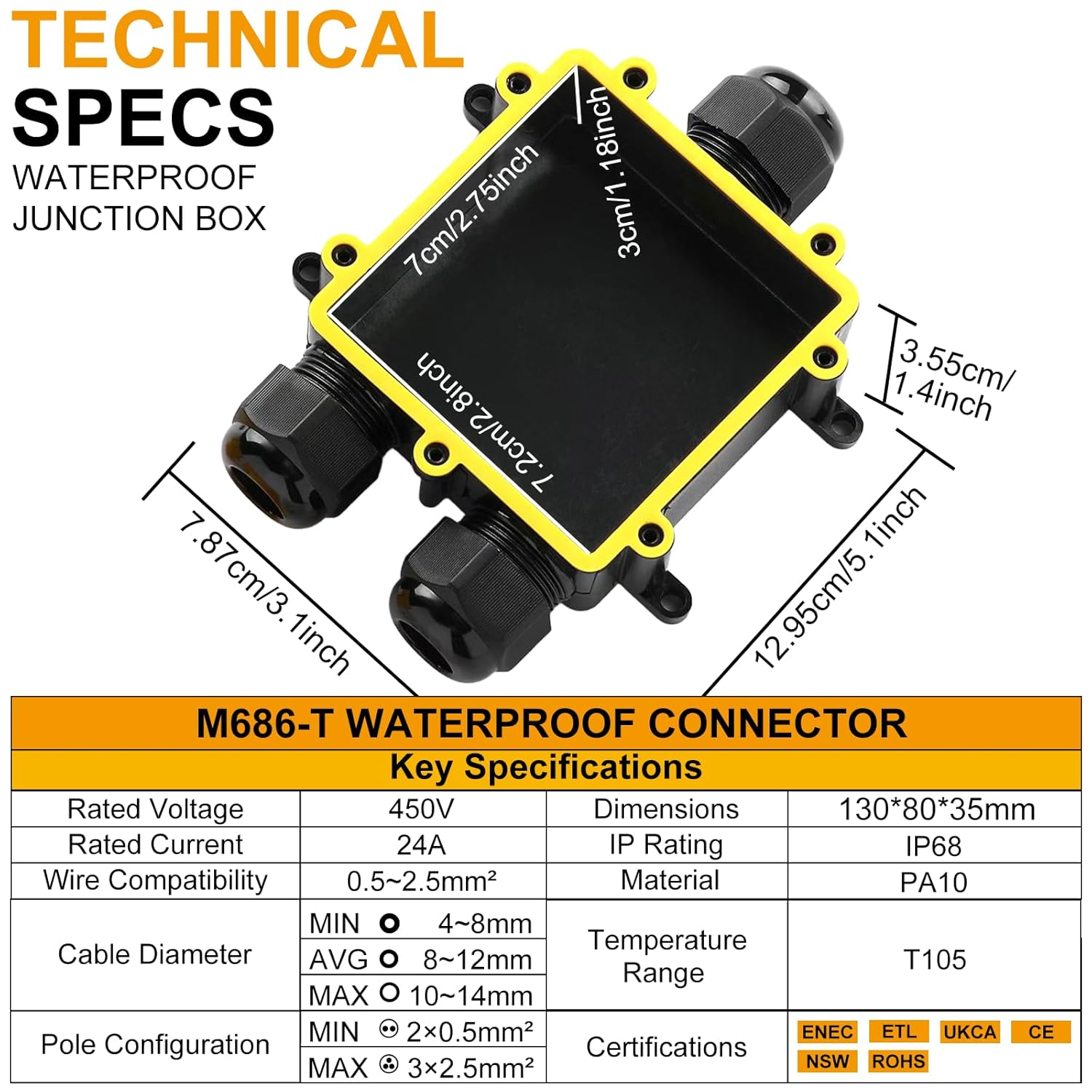 IP68 Waterproof Junction Box Outdoor T-Shape 3Way Electrical Junction Box Outdoor with 3 Cable M25 Gland Wire Connector Extension Electrical Cable Protector for Diameter Cable Ø4-14mm 5Pack