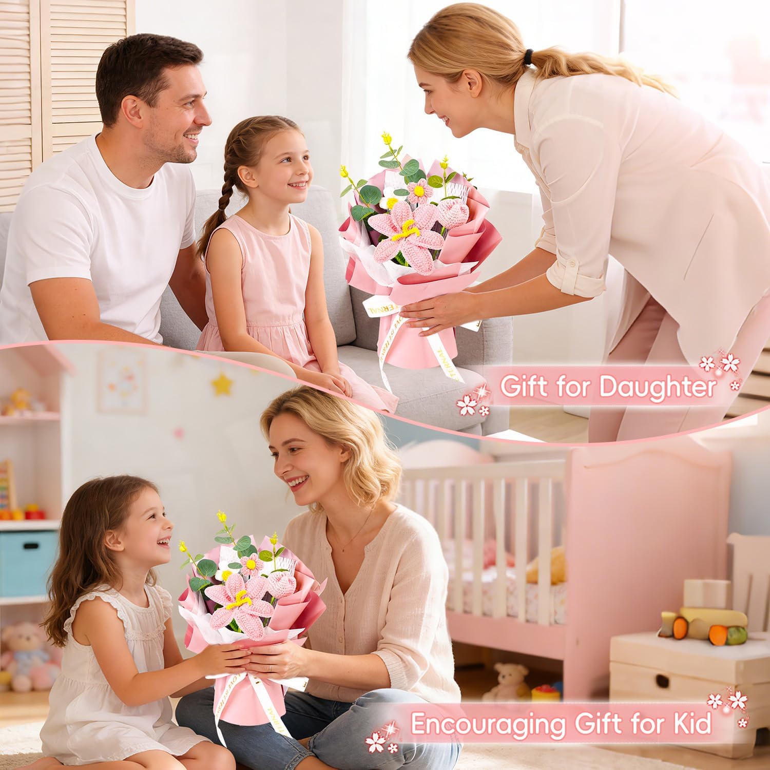 crochet flower bouquet,hand-knitted tulips,knitted floral gift,perfect for Valentines Day,Birthday Mother's Day Graduation Gifts. (Includes: crocheted flower pendant,gift bag,and greeting card)