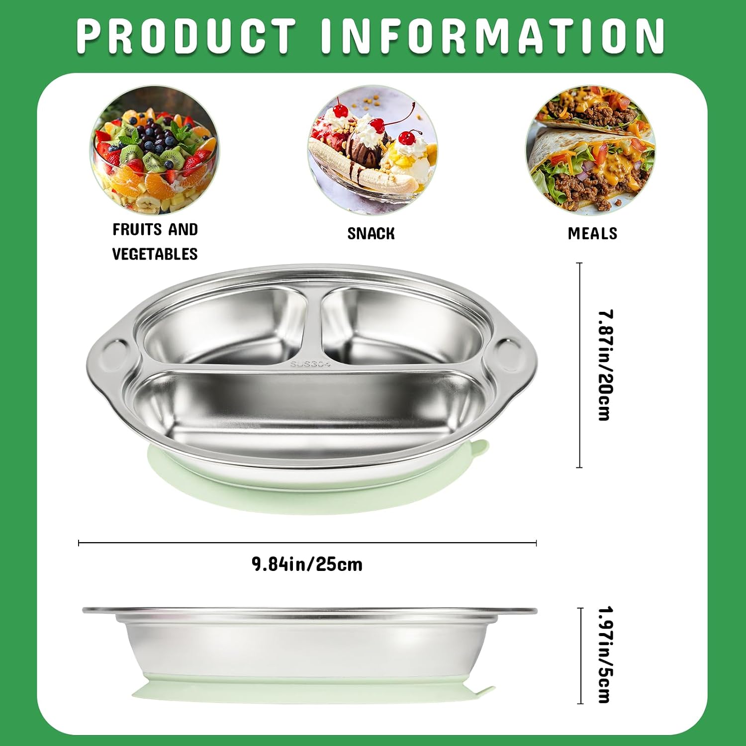 Stainless Steel Baby Suction Plates: Divided Plates for Babies and Toddlers, Made of 100% Food-Grade Materials Ideal for Baby-Led Weaning BPA-Free Toddler Feeding Dishwasher Safe Green