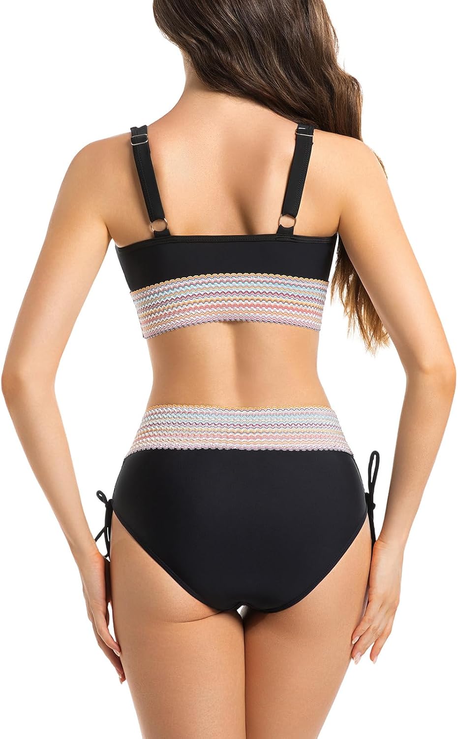 Women High Waisted Bikini Sets Tummy Control Swimsuits Colorful Wave Color Block Swimwear Two Piece Drawstring Bathing Suit - Image 6