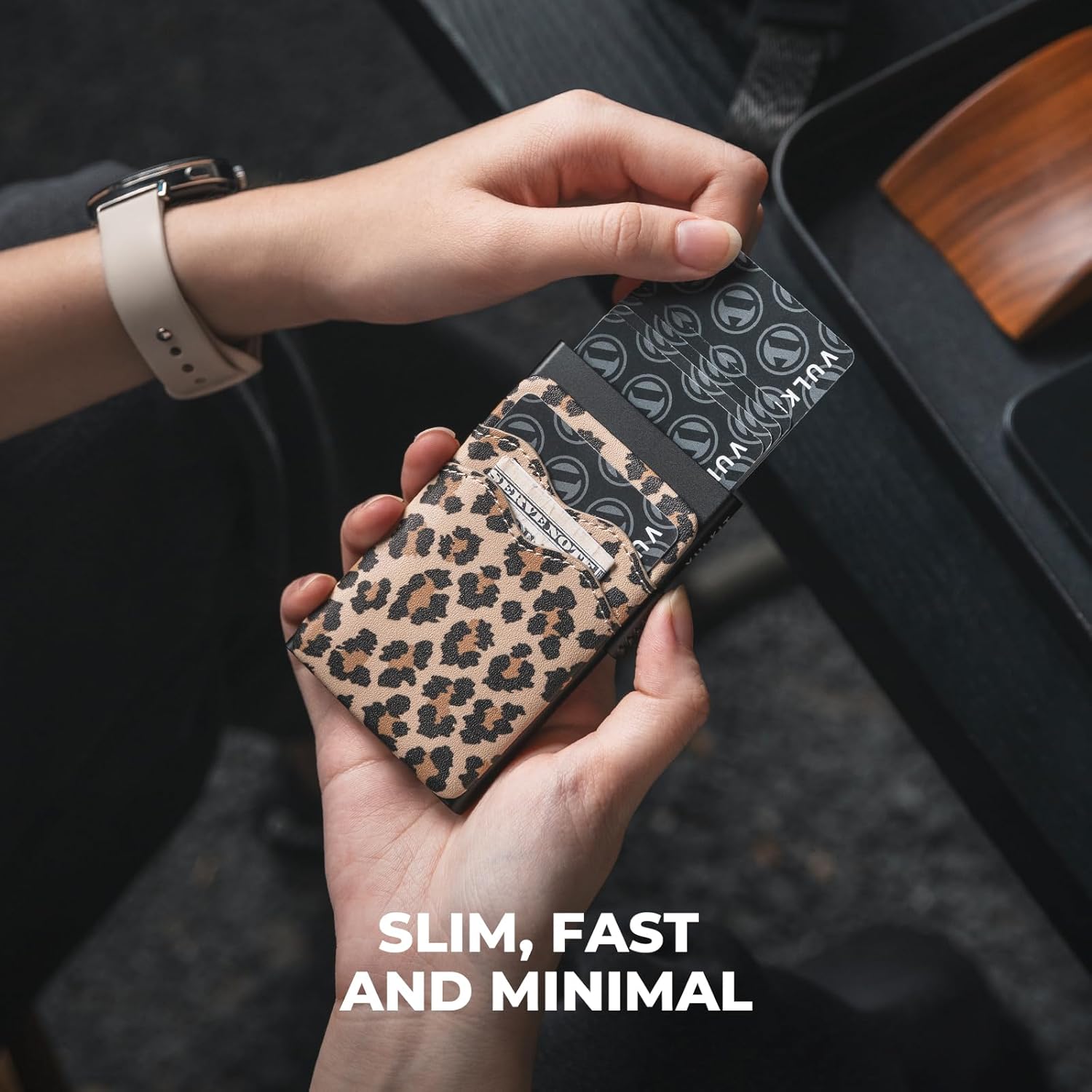 VULKIT Credit Card Holder Minimalist Slim Pop Up Wallet with Leather Slots RFID Blocking for Men and Women Holds 7 Cards and Notes Leopard Chic - Image 2