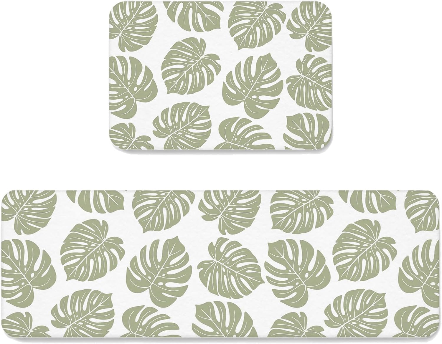 Sage Green Monstera Leaf Kitchen Mats Set of 2 Tropical Botanical Minimalist Modern Summer Non Slip Mat Washable Floor Rug for Kitchen Sink Floor Laundry, 19.7"x31.5"+19.7"x63"