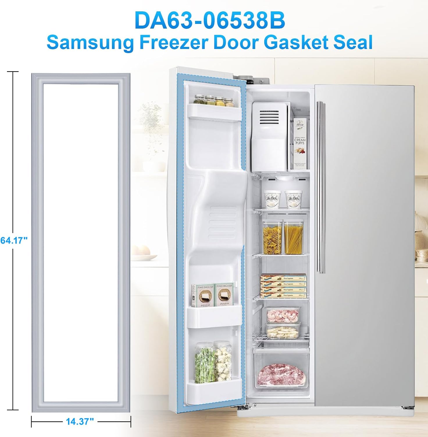 Upgraded DA63-06538B Freezer Door Gasket Compatible with Samsung Refrigerator Freezer Door Gasket RS25J500DSR/AA Door Gasket, DA97-08239A DA97-08239B RS261MDRS RS25H5111SR Fridge Door Seal, Gray