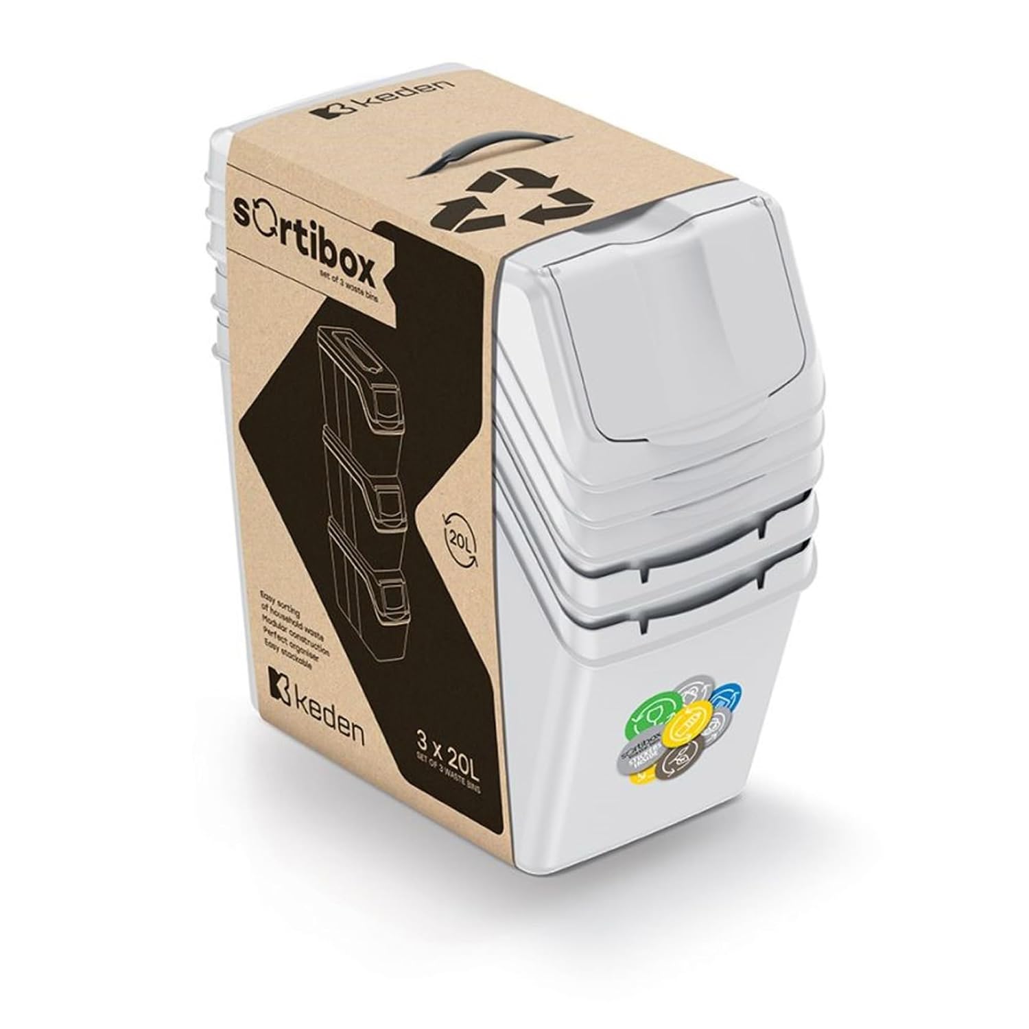 Keden SORTIBOX 3 x 20 Litre Wheelie Bin for Recycling Off White