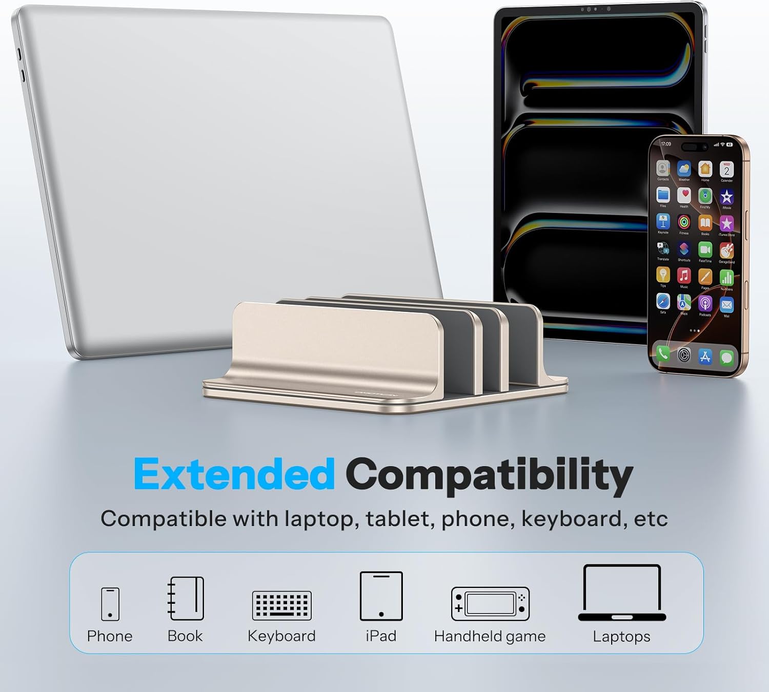 OMOTON Vertical Laptop Stand [Updated 3-Solts Version], Desktop Aluminum Mac Book Stand with Adjustable Dock Size, Fits All Mac Book, Chrome Book and Gaming Laptops (Up to 17.3 inch), Starlight