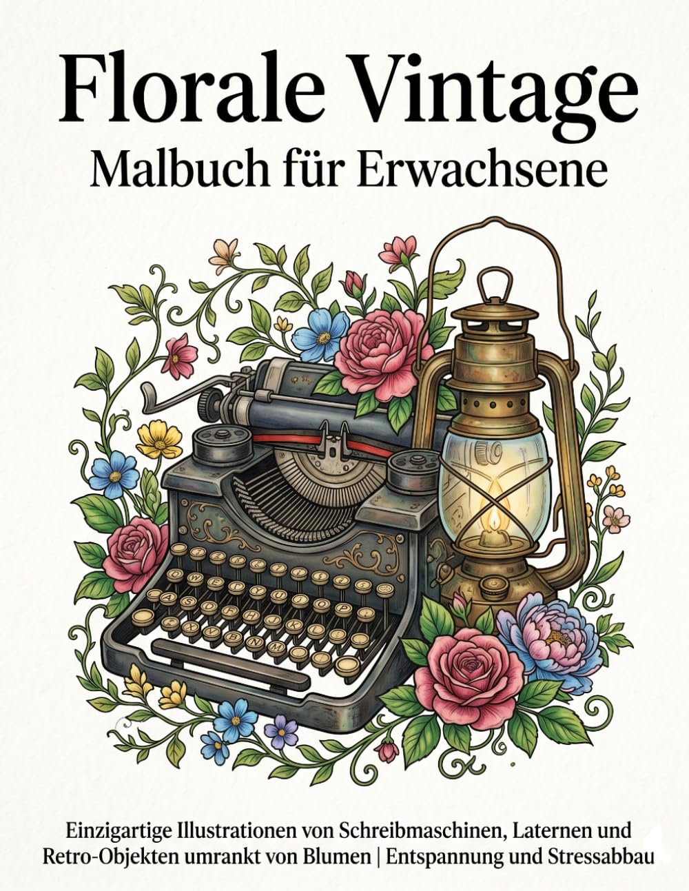 Florale Vintage Malbuch für Erwachsene: Einzigartige Illustrationen von Schreibmaschinen, antiken Uhren und Retro-Gegenständen umrankt von Blumen zur Entspannung