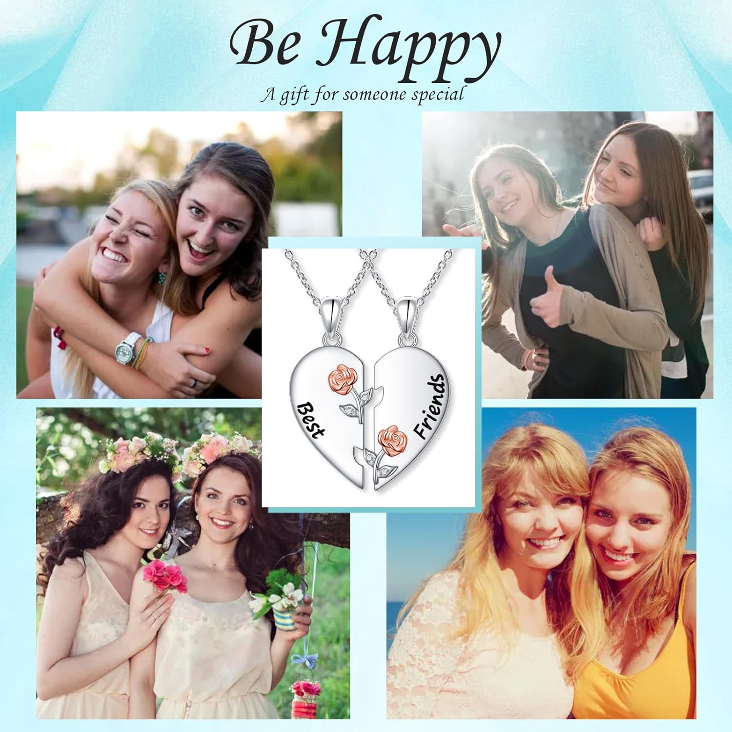 DAOCHONG S925 Sterling Silver Best Friend Couple Bestie Necklaces Heart 2 Piece Women Teen Stitch Friendship BFF Pendant Set for Rose Flower