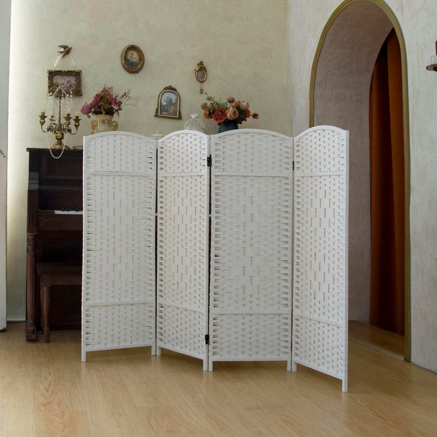 Compact 4 Panel Short Room Divider, 47.2 Inch Tall Double-Sided Rattan Folding Privacy Screen for Home & Office,Colorful