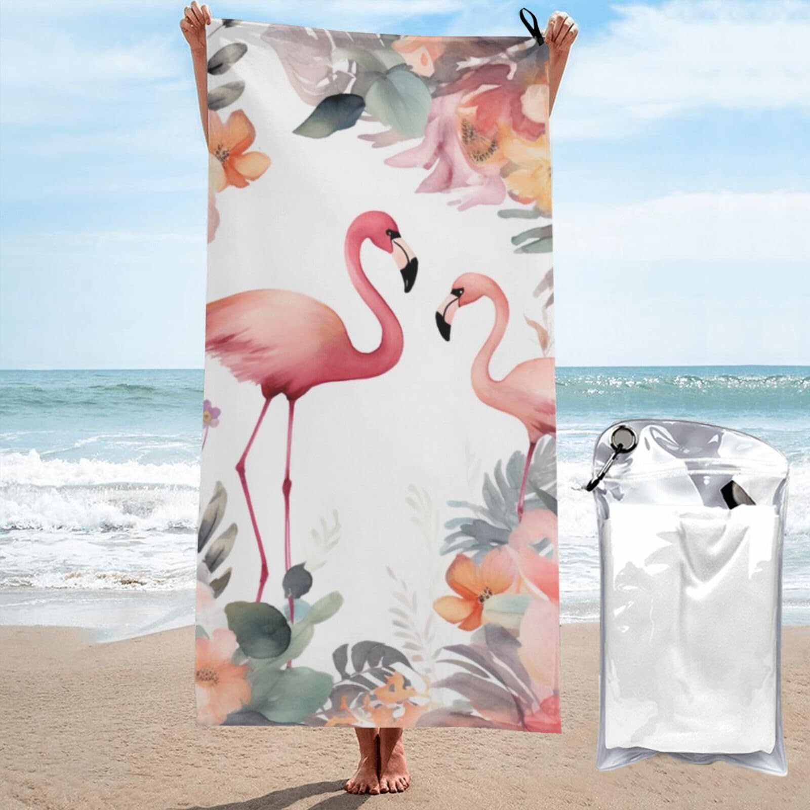 BWWHCCTI Floral with Flamingo Printed Microfiber Quick Dry Beach Towel 70x140 CM, Fast Drying Bath Towels with Bags for Travel,Camping,Gym,Beach,Swimming,Yoga