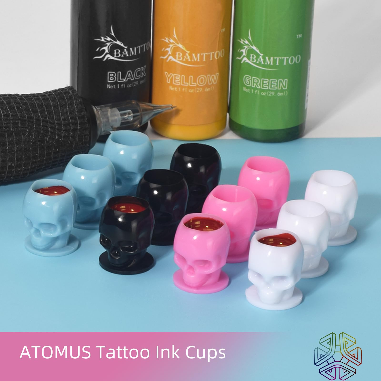 ATOMUS Jednorazowe kubki na atrament do tatuażu czaszka tatuaż pigment czapki tatuaż permanentny pojemnik na makijaż nasadka do przechowywania akcesoriów do tatuażu (czaszka mieszana)