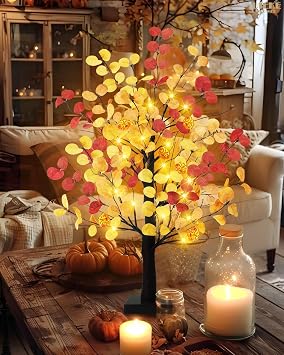 Uieke 24inch Artificial Fall Eucalyptus Tree 24 LED Prelit Tabletop Fall Tree with 6 Pumpkin Lights Battery Operated with Timer, Fall Decorations for Home Thanksgiving Halloween Decor