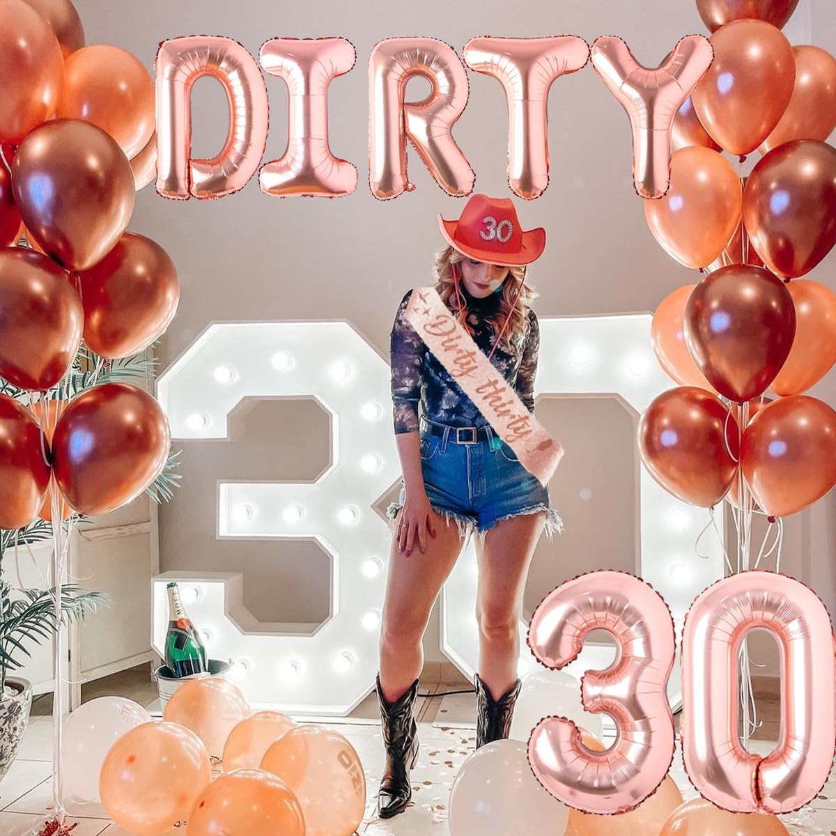 30th Birthday Party Decorations for Her Rose Gold Dirty Thirty Banner Balloon Dirty 30 Sash Cake Topper for 30 Years Old Birthday Party Supplies - Image 3