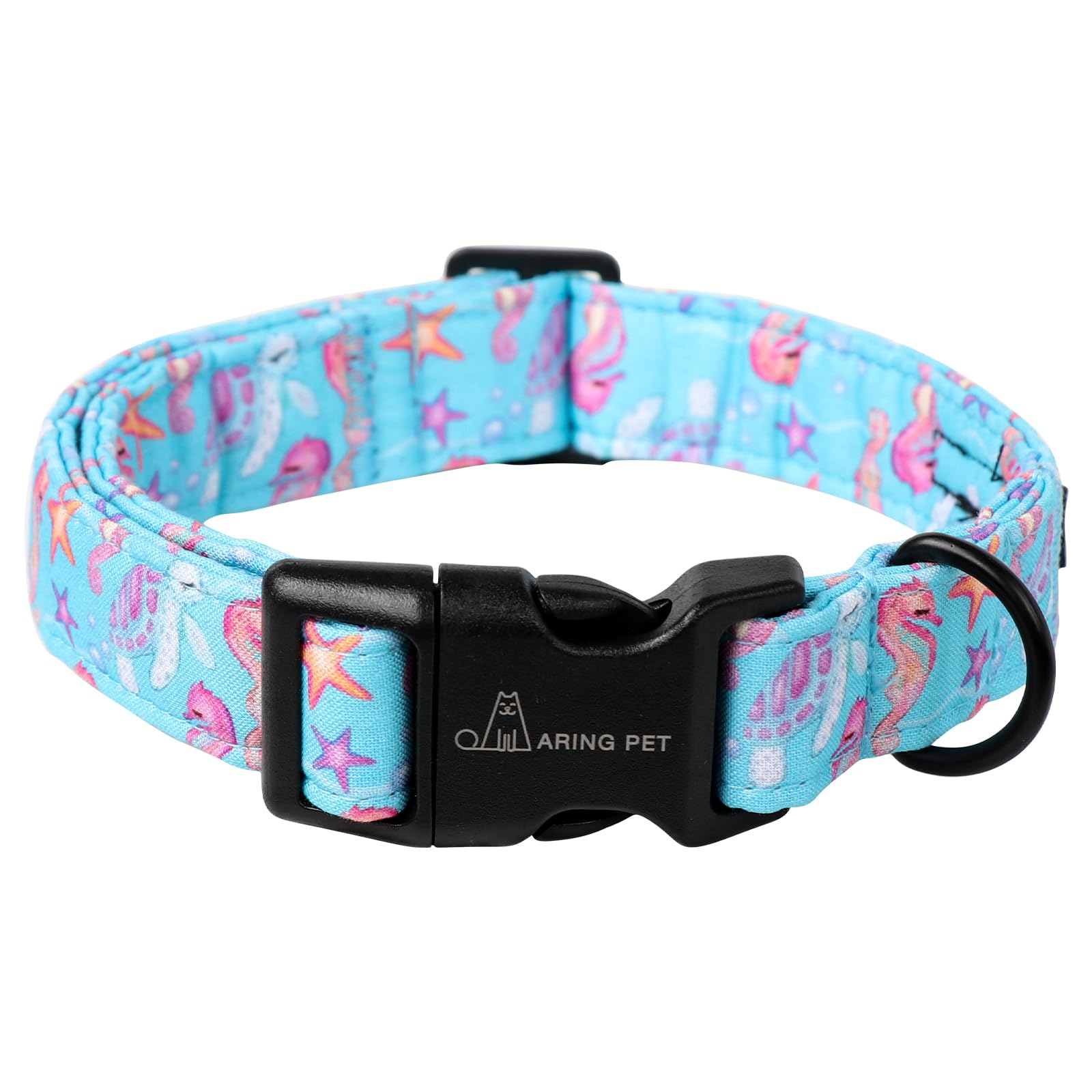 ARING PET Summer Dog Collar-Cotton Lightweight Blue Dog Collars, Adjustable Seahorse Turtle Pet Collar Puppy Collars with Quick Release Buckle for