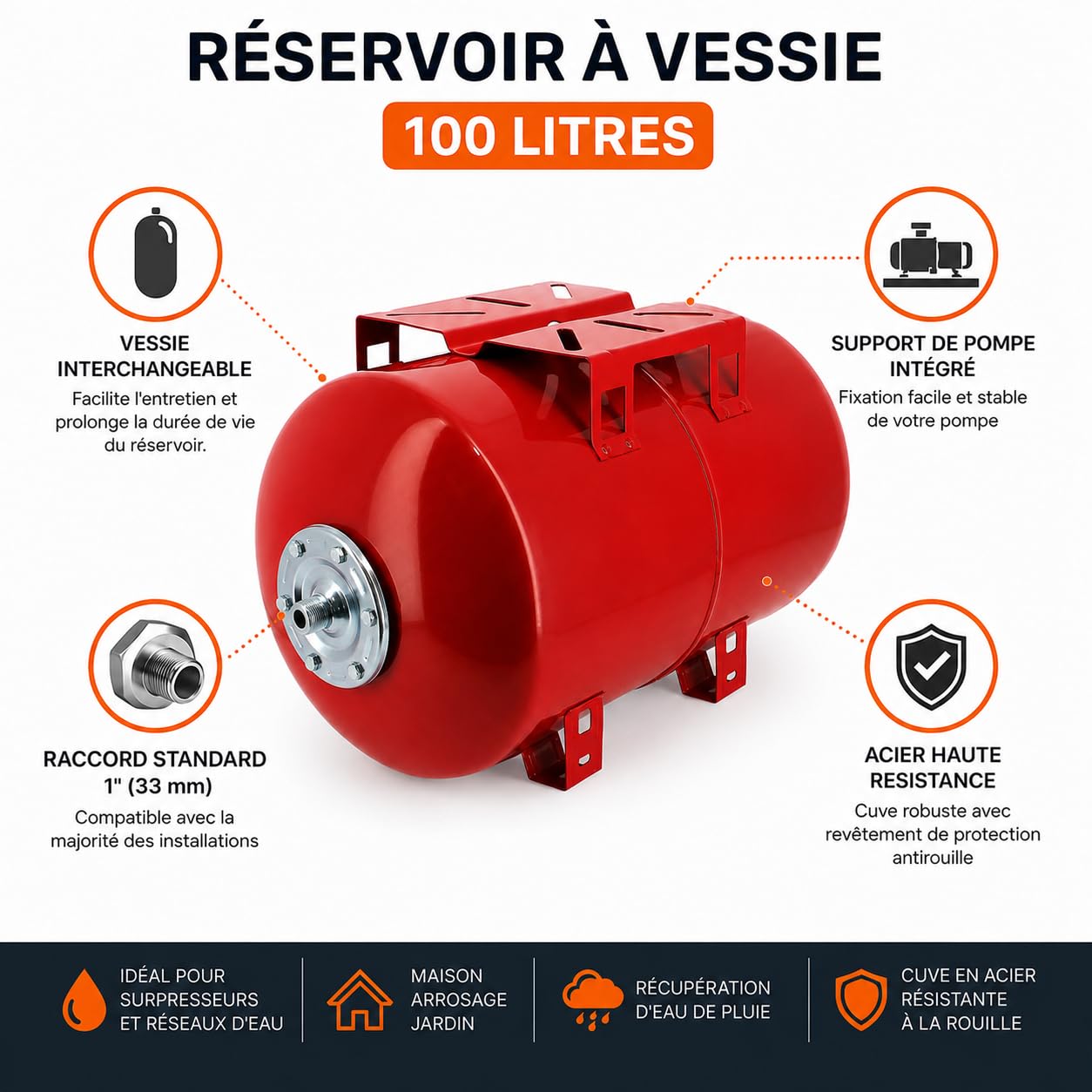 Réservoir Pression à vessie Horizontal - 100 litres