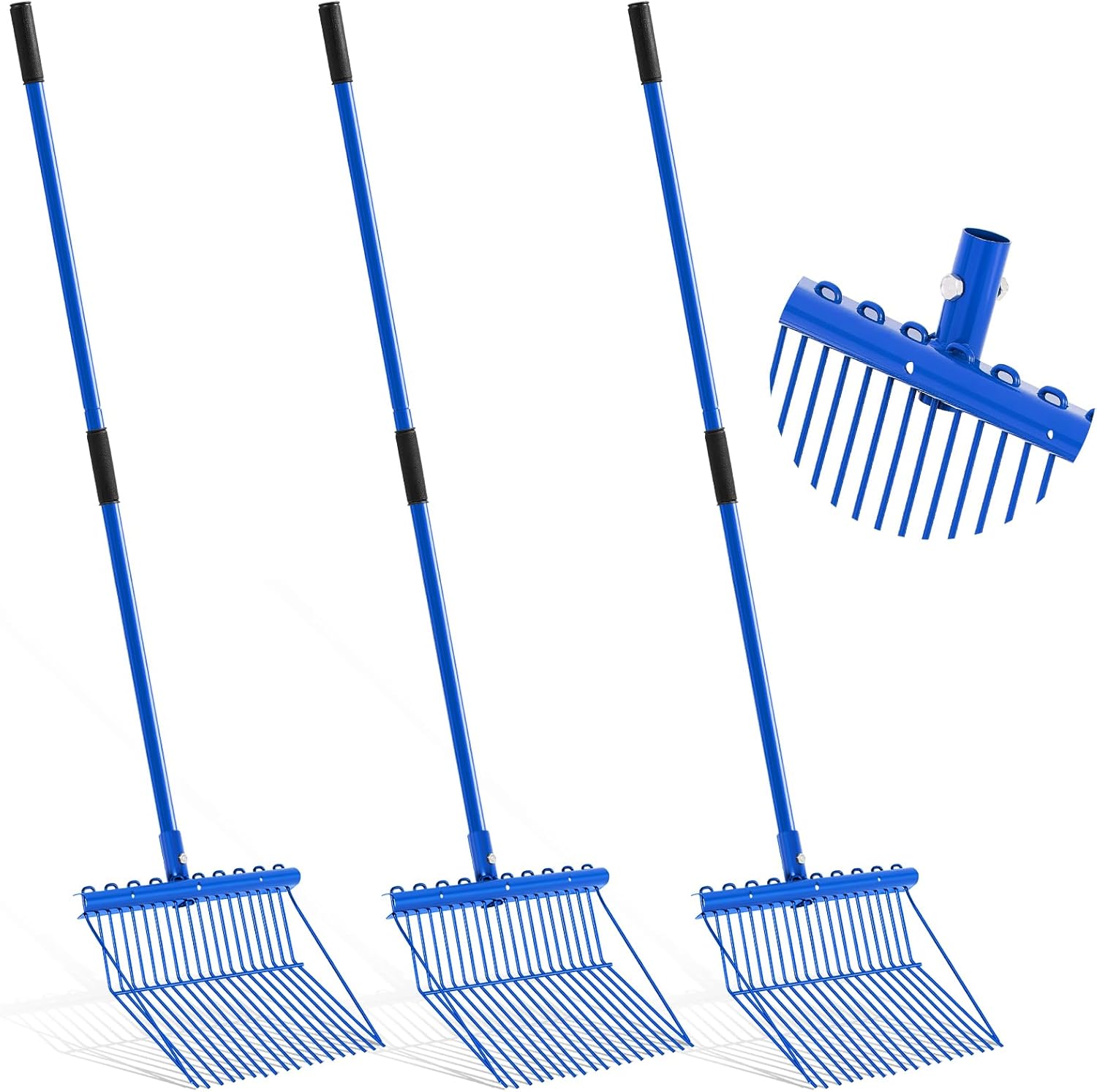 Lasnten 3 Sets Metal Manure Fork with Long Metal Handle Pitch Fork Manure Rake Heavy Duty Muck Rake for Gardening Horse Stall Stable Grass Hay Cleaning Farm Work (Blue)