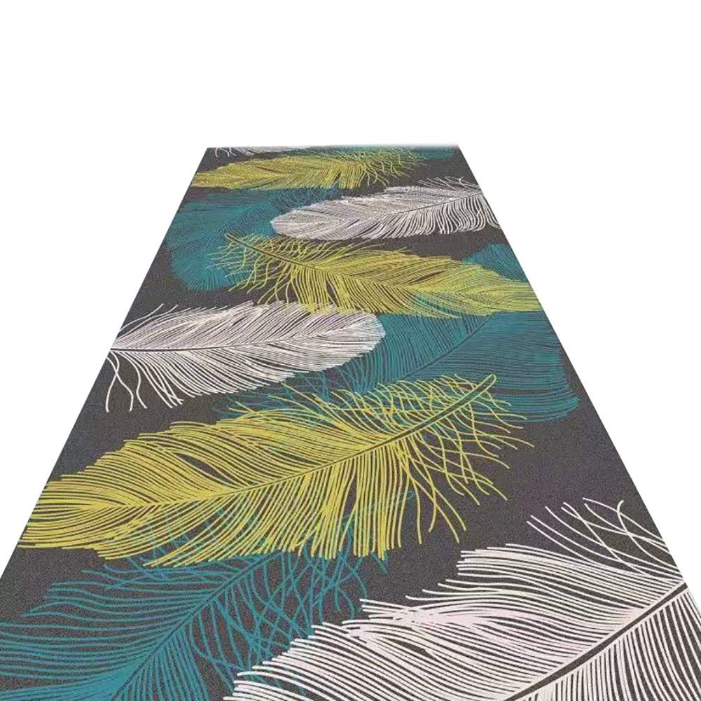 Tapis de passage couloir bleu motif plumes sur mesure antidérapant et lavable grand passage
