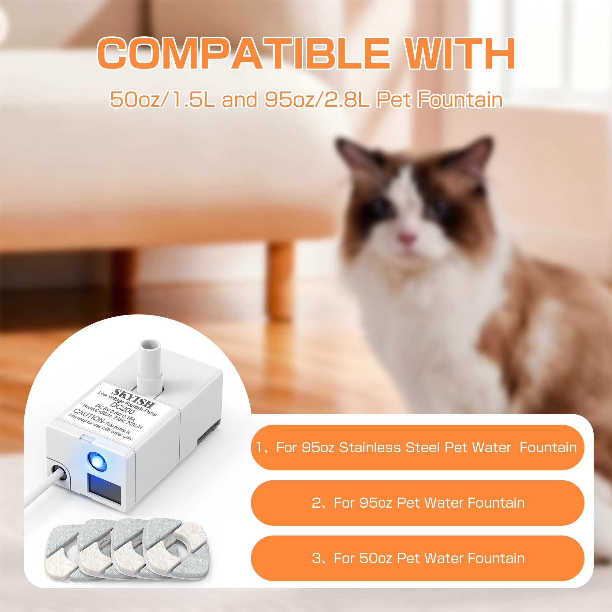 Bomba de fuente de agua para gatos Veken de 50 onzas, 95 onzas, bomba ultra silenciosa con cable USB, luz LED y 6 paquetes de filtros de fuente para mascotas