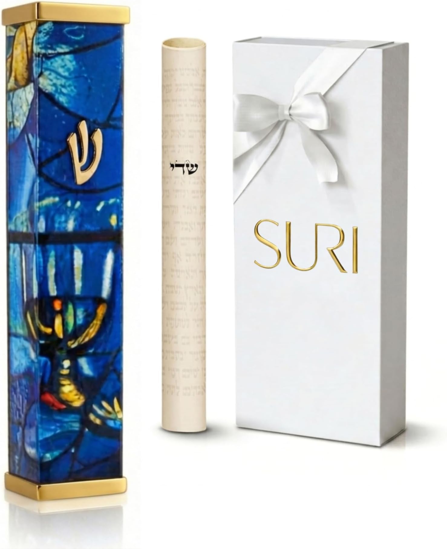 SURI Mezuzah with Scroll for Door | 4 Inch Modern Aluminum Mezuzah Case | Fits 3 Inch Scroll | Gold & Silver Chagall-Inspired Design | Self Adhesive Easy Install | Judaica Jewish Gift