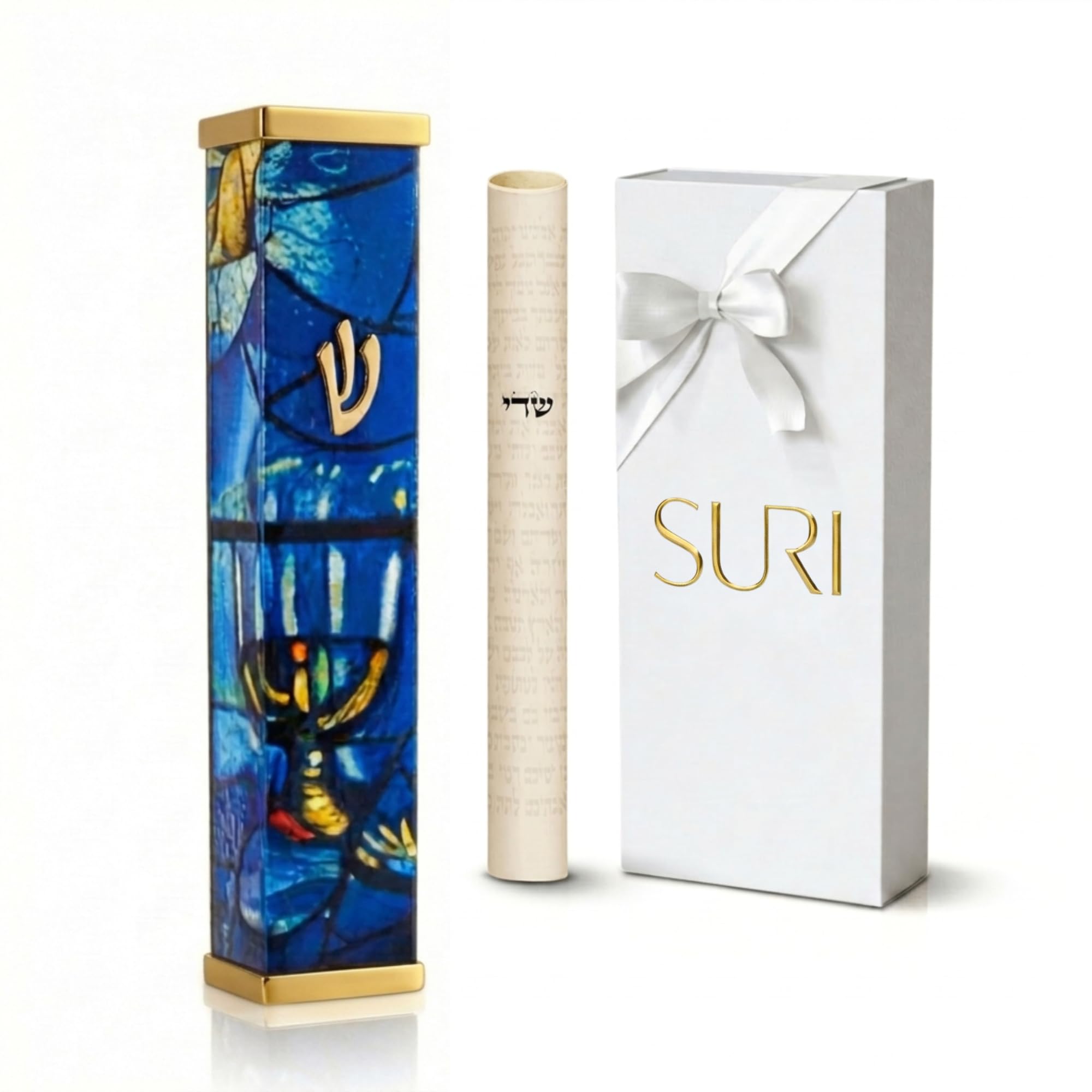 SURI Mezuzah with Scroll for Door | 6 Inch Modern Aluminum Mezuzah Case | Fits 5 Inch Scroll | Gold &amp; Silver Chagall-Inspired Design | Self Adhesive Easy Install | Judaica Jewish Gift