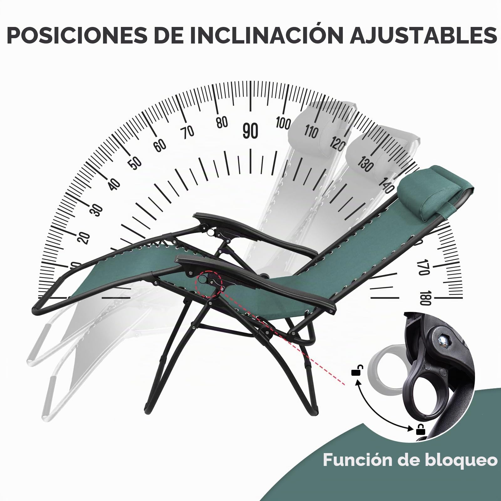 Todeco Relajante Textileno Jardín, Silla Plegable de Gravedad Cero, Verde | incluye Almohada, Estructura de acero con textilene transpirable; carga máxima 100 kg, Silla plegable compacta