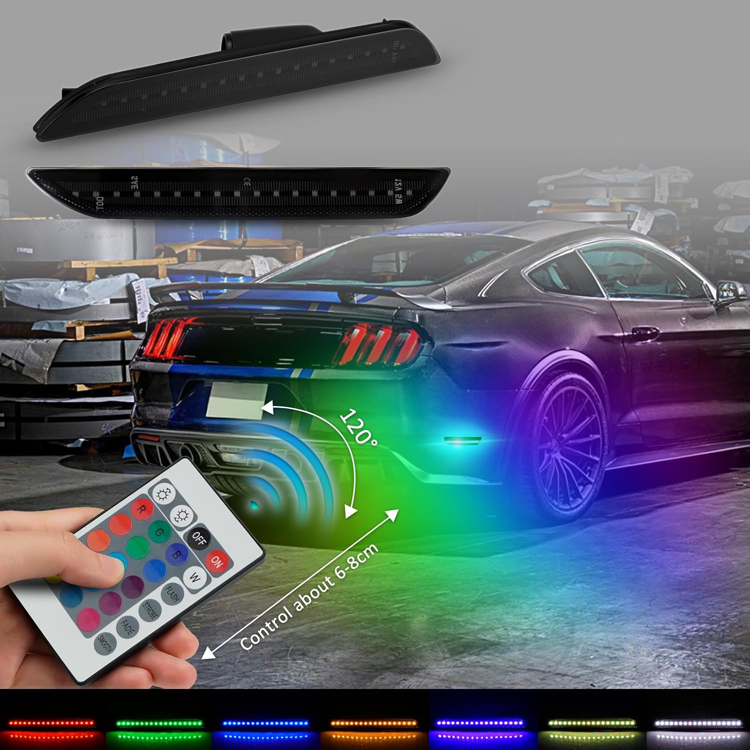 Bestview RGB LED Side Marker Lights for Ford Mustang 2015-2023, Rear Fender Bumper side Marker Reflectors Lamps Kit Assembly,16 Color Lighting Somked Len