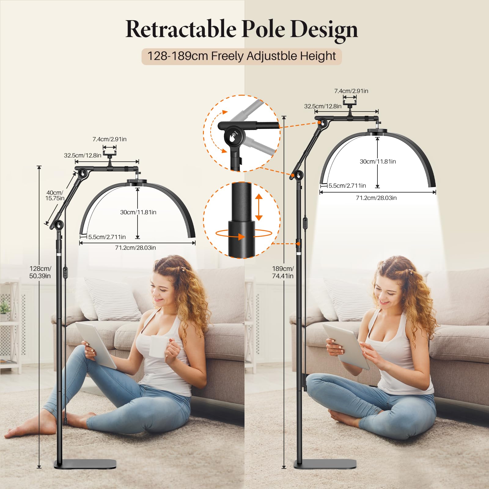 LED Halbmond Wimpern Lampe: Drehbar 360° Halbmond Beauty Lichter Stehlampe mit Telefonhalter - Dimmbares Wimpernverlängerung Lampe für Beauty,Tätowierer, Make-Up Artists - Schwarz