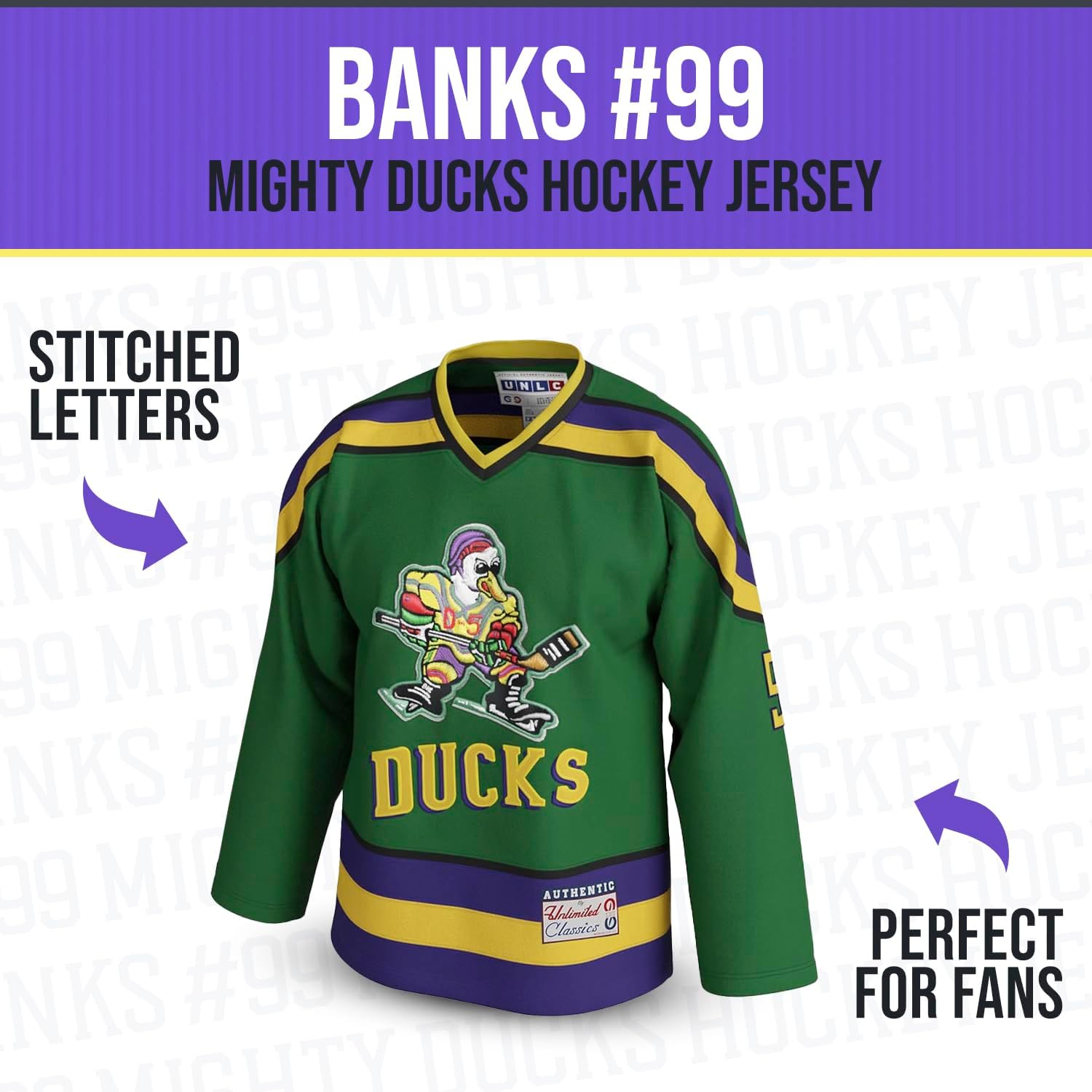 Adam Banks #99 Mighty Ducks Jersey – 90s Movie Ice Hockey Shirt, Stitched Letters, Throwback Costume for Men & Women, S–5XL - Image 3