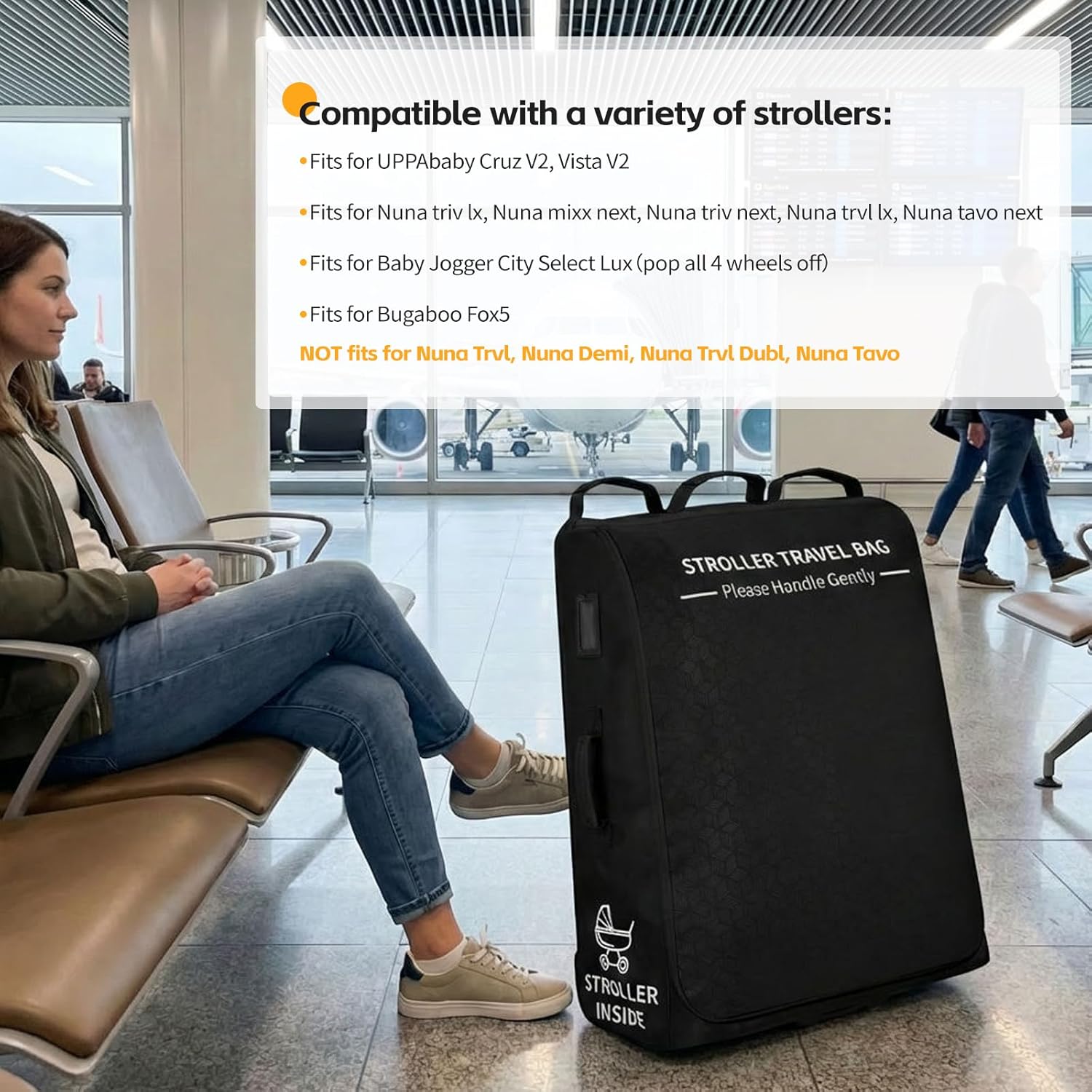 Padded Stroller Travel Bag with Wheels for Airplane Gate Check,Travel Storage Bag Compatible with UPPAbaby Vista V2 & Cruz V2 (Remove Rear Wheels),Includes Inner Wheel Bag and Storage Pocket