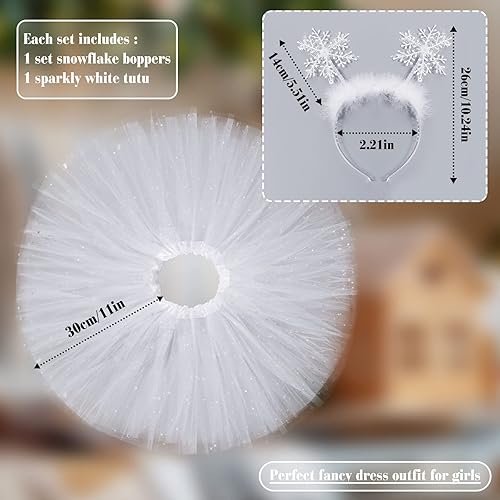 Miniatura 3 de Tutús de princesa blanco para niñas, brillante, 3 capas, falda tutú de tul con diadema de copo de nieve para disfraz de fiesta de Navidad, Blanco