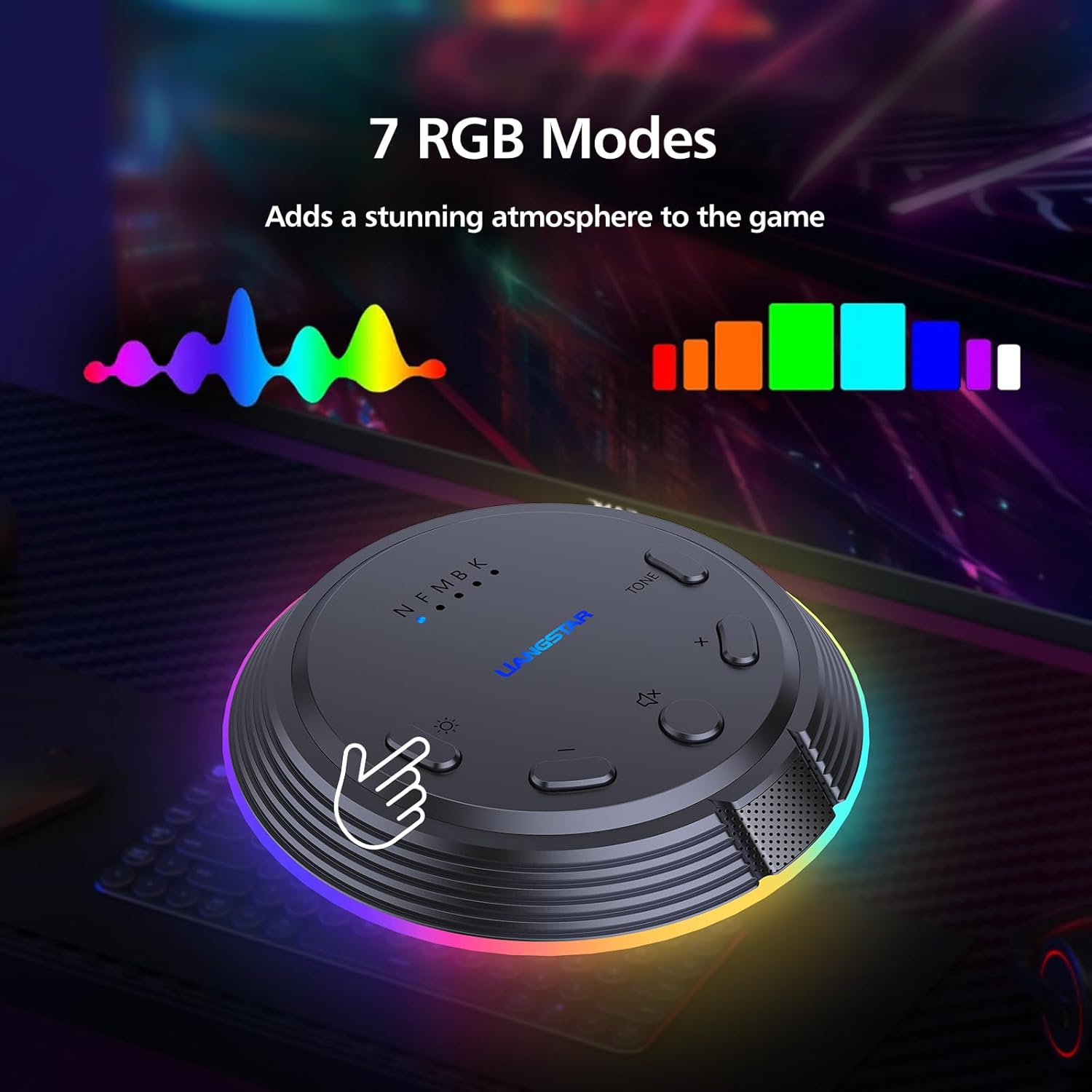 LIANGSTAR HK1 Gaming USB Microphone showing 7 RGB lighting modes
