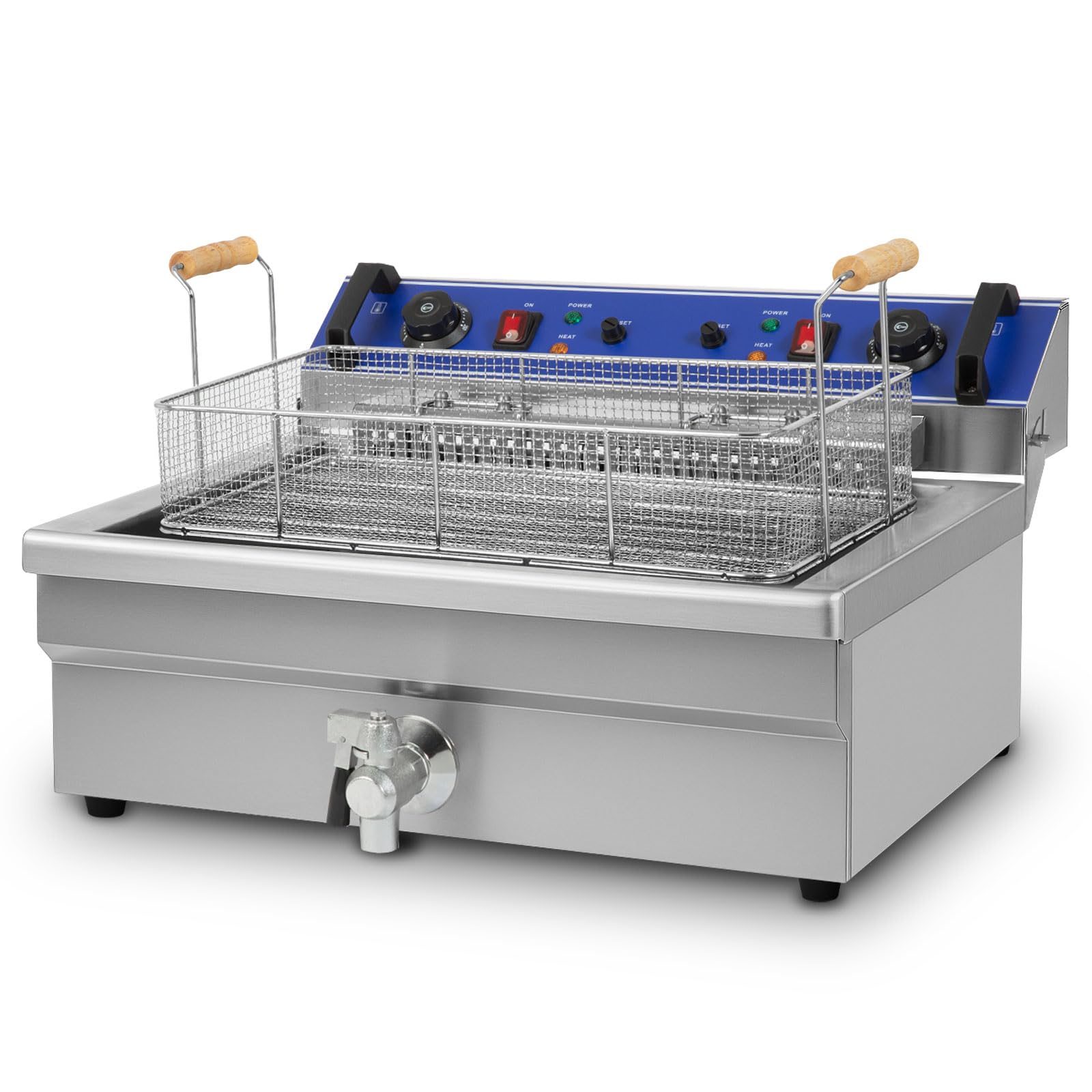 VERTES Freidora Acero Inoxidable 25L, 5000W, 230V, Principio de zona fría, Temperatura ajustable sin escalonamientos 50-250°C, Grifo de vaciado, Cesta de freír, Botón de reinicio