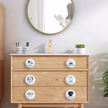 JamJam 1.5 8PCS Ceramics Unique Vintage Laundry Room Knobs Dry and Press Theme Decor Cabinet Drawer Knobs Pulls