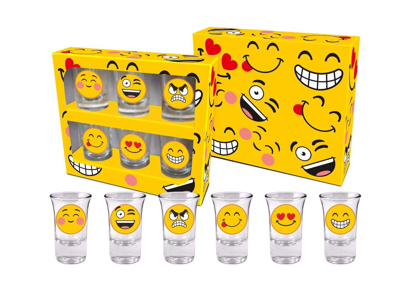 BG-TECHEM001 Emoji Shot Glasses, Pack of 6, Birthday Gift, Party, Smile Blush Wink, 35ml