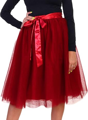 Angelina Womens Mesh Tutu Midi Skirt with Detachable Satin Ribbon
